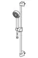 Wandstangengarnitur in Chrom mit Handbrause, montiert auf einem vertikalen Stangenhalter. Produktdesign von der Marke HANSA.